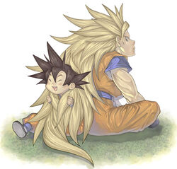  2boys back-to-back black_hair blonde_hair blush closed_eyes commentary_request crossed_legs dragon_ball dragon_ball_z father_and_son grabbing_another&#039;s_hair grass green_eyes happy katsutake laughing lolicon long_hair male_focus multiple_boys no_eyebrows open_mouth sitting smile son_goku son_goten spiked_hair super_saiyan super_saiyan_3 