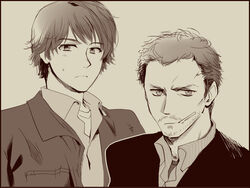  2boys animification bad_id bad_pixiv_id border cigarette crossover formal gregory_house house_m.d. male_focus messy_hair monochrome mouth_hold multiple_boys sam_winchester sepia supernatural_(tv_series) yoino_(000kirimoto) 