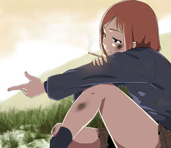  aiba-tsukiko brown_hair cigarette commentary_request dirty female finger_gun flcl grass photoshop_(medium) samejima_mamimi school_uniform sitting solo sweater thighs 