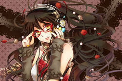  adjusting_eyewear bad_id bad_pixiv_id black_hair female flower glasses headphones long_hair nail_polish nitou_akane pixiv_shadow plaid plaid_scarf ponytail scarf solo yellow_eyes yellow_nails 