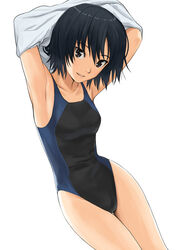  amagami armpits arms_up black_eyes black_hair closed_mouth commentary_request competition_swimsuit female highres homunculus_(alchemynote) nanasaki_ai one-piece_swimsuit photoshop_(medium) short_hair smile solo swimsuit thigh_gap undressing 