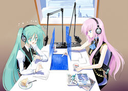  2girls bad_id bad_pixiv_id book cake commentary_request cup food fork hatsune_miku headphones holographic_interface holographic_monitor jajanuba long_hair megurine_luka microphone monitor multiple_girls multiple_monitors necktie paper pastry pixiv pointing radio_booth studio_microphone teacup twintails vocaloid 