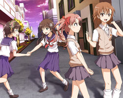  4girls academy_city aircraft bad_id bad_pixiv_id brown_eyes brown_hair city dirigible flower green_eyes hair_flower hair_ornament hair_ribbon hairclip head_wreath long_hair maazyu misaka_mikoto multiple_girls photoshop_(medium) pleated_skirt ribbon sakugawa_school_uniform saten_ruiko school_uniform serafuku shirai_kuroko short_hair skirt summer_uniform sunset sweater_vest toaru_kagaku_no_railgun toaru_majutsu_no_index tokiwadai_school_uniform tree twintails uiharu_kazari 