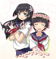  2girls \m/ armcho bishoujo_senshi_sailor_moon black_hair closed_eyes commentary_request flower green_eyes hair_flower hair_ornament hands long_hair multiple_girls photoshop_(medium) sakugawa_school_uniform saten_ruiko school_uniform serafuku short_hair skirt standing summer_uniform toaru_kagaku_no_railgun toaru_majutsu_no_index tsuki_ni_kawatte_oshioki_yo uiharu_kazari 