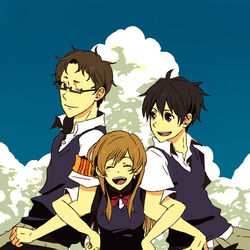  2boys armband bad_id bad_pixiv_id bounen_no_xam&#039;d cloud female glasses houhou_(black_lack) multiple_boys nishimura_haru school_uniform sky takehara_akiyuki teraoka_furuichi 