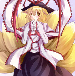  animal_ears blonde_hair blush commentary_request cosplay female fox_ears fox_tail hat hat_ribbon multiple_tails nagae_iku nagae_iku_(cosplay) ram_hachimin ribbon scarf short_hair solo tail touhou yakumo_ran yellow_eyes 