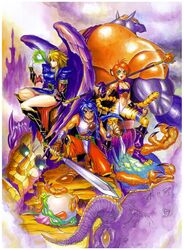  1990s_(style) 1boy 2girls angel_wings artist_request blonde_hair blue_hair boots breasts breath_of_fire breath_of_fire_ii dress feathered_wings gauntlets jewelry knee_boots large_breasts legs long_legs magic monster multiple_girls muscular nina_(breath_of_fire_ii) official_art photoshop_(medium) purple_wings rand_marks red_hair retro_artstyle rinpoo_chuan ryuu_(breath_of_fire_ii) side_slit spar staff sword tail thighs weapon wings 