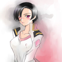  black_hair blush breasts commentary_request female gundam gundam_seed kazemal lipstick makeup medium_breasts military military_uniform natarle_badgiruel photoshop_(medium) purple_eyes short_hair solo uniform 