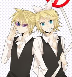  1boy bad_id bad_pixiv_id blonde_hair cigarette cosplay durarara!! female hair_ornament hair_ribbon hairclip heiwajima_shizuo heiwajima_shizuo_(cosplay) kagamine_len kagamine_rin one_eye_closed ribbon road_sign short_hair siblings sign smile smoking sunglasses tooru_(jux) tuxedo twins vocaloid 