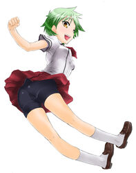  ass bad_id bad_pixiv_id baka_to_test_to_shoukanjuu bike_shorts female fumizuki_academy_school_uniform green_hair hase_sawara highres kudou_aiko looking_back necktie school_uniform short_hair skirt socks solo yellow_eyes 