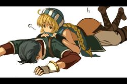  1boy ahoge bad_id bad_pixiv_id blonde_hair blue_hair boots braid cousins faceplant female fingerless_gloves fire_emblem fire_emblem:_genealogy_of_the_holy_war gloves harusame_(rueken) hat lester_(fire_emblem) letterboxed lying on_person on_stomach patty_(fire_emblem) petite single_braid 