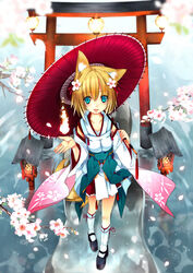  animal_ears aqua_eyes blonde_hair blurry cherry_blossoms commentary_request depth_of_field detached_sleeves female fire flower fox_ears hair_flower hair_ornament japanese_clothes lantern magic oil-paper_umbrella open_mouth original petals pigeon-toed platform_footwear shirokitsune shiroro short_hair solo tail torii umbrella water wooden_lantern 