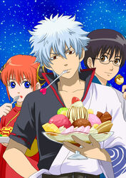  2boys bad_id bad_pixiv_id black_hair blue_eyes brown_eyes curly_hair eating female gintama glasses hair_bun kagura_(gintama) multiple_boys parfait red_hair sakata_gintoki shimura_shinpachi short_hair single_hair_bun white_hair zero_q 