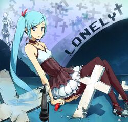  aqua_hair arm_support bad_id bad_pixiv_id bare_shoulders blue_eyes choker cross dress earrings female francisco_valle frills grave hatsune_miku jewelry legs long_hair microphone panties pantyshot ruins shoes side_ponytail sitting solo thighhighs underwear vocaloid 