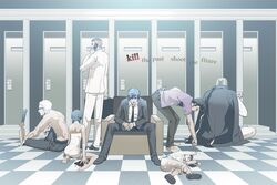  6+boys artistic_error bad_id bad_pixiv_id blood cellphone con_smith coyote_smith dan_smith english_text engrish_text everyone female formal garcian_smith glasses gun handgun kaede_smith kevin_smith killer7 knife komaq mask mask_de_smith multiple_boys necktie phone ranguage revolver sitting suit sunglasses tile_floor tiles topless_male typo weapon 