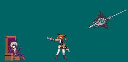  2girls belt belt_buckle buckle cropped_vest cross_mirage crossover dual_wielding gloves gun holding lowres lyrical_nanoha magical_girl mahou_shoujo_lyrical_nanoha mahou_shoujo_lyrical_nanoha_strikers multiple_girls night_wizard open_clothes open_vest orange_hair pixel_art short_twintails teana_lanster thighhighs throne twintails vest weapon 