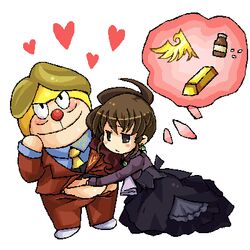  blonde_hair brown_eyes brown_hair chibi commentary_request cosplay doraemon doraemon_(character) doraemon_(character)_(cosplay) dress female frills groping heart jaggy_lines lowres pill pixel_art pote_(ptkan) umineko_no_naku_koro_ni ushiromiya_krauss ushiromiya_natsuhi 