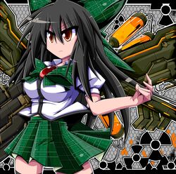  alternate_wings arm_cannon black_hair bow breasts brown_eyes commentary_request female green_bow green_skirt hairbow honehone large_breasts long_hair mechanical_wings reiuji_utsuho skirt solo touhou weapon wings 