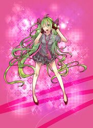  ahoge amase_(siki696) commentary_request female gloves green_eyes green_hair hatsune_miku highres legs long_hair necktie one_eye_closed skirt solo tongue twintails very_long_hair vocaloid 