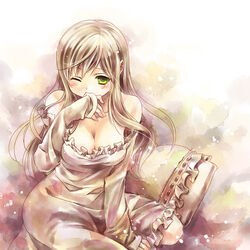  axis_powers_hetalia blush breasts cleavage commentary_request dress female fu_(38wasure) green_eyes hungary_(hetalia) large_breasts long_hair lowres one_eye_closed solo strapless strapless_dress 