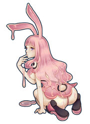  animal_ears ass blue_eyes blush commentary_request female highres melona_(queen&#039;s_blade) monster_girl natsucos photoshop_(medium) pink_hair prehensile_hair protean_assassin_melona queen&#039;s_blade rabbit_ears slime_(substance) slime_girl solo 