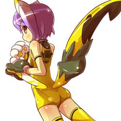  animal_ears animal_hands animal_print arm_blade ass bare_shoulders blush bracer breasts busou_shinki cat_print claws clothes_writing commentary_request dutch_angle female from_side kakikukeko leotard looking_at_viewer looking_back partio profile purple_eyes purple_hair short_hair sideboob simple_background small_breasts solo tail thighhighs weapon white_background yellow_leotard yellow_thighhighs 