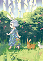  animal_ears bag blue_hair brown_eyes commentary_request dress female forest lolicon nature original outdoors rabbit rabbit_ears short_hair solo takigawa_yuu 