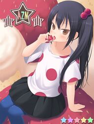  amamiya_minato arm_support bad_id bad_pixiv_id black_hair blush brown_eyes female food fruit hair_bobbles hair_ornament highres holding holding_food holding_fruit k-on! latex licking listen!! long_hair nakano_azusa pantyhose polka_dot side_ponytail sitting solo star_(symbol) strawberry tongue 