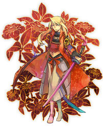  1boy armor bad_id bad_pixiv_id blonde_hair blue_eyes flower katana kujura_(sekaiju) male_focus photoshop_(medium) sekaiju_no_meikyuu sekaiju_no_meikyuu_3 shaingtao solo sword weapon 