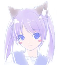  ama_mitsuki animal_ears blue_eyes blush_stickers cat_ears character_request closed_mouth colored_eyelashes eyelashes female latale light_purple_hair lips portrait purple_eyes purple_hair school_uniform smile solo twintails white_background 