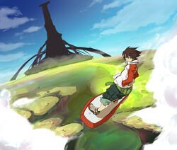  1boy aircraft bad_id bad_pixiv_id brown_hair day eureka_seven eureka_seven_(series) hands_in_pockets houhou_(black_lack) hoverboard male_focus outdoors raglan_sleeves renton_thurston sky sky_surfing skyboard solo surfing tower 