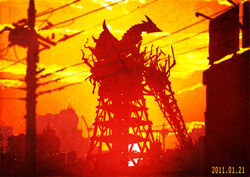  cityscape commentary_request crane_(machine) czn dated gamera_(series) gyaos kaijuu monster no_humans outdoors photoshop_(medium) power_lines realistic ruins scenery silhouette skyline sunset tokyo_tower twilight utility_pole 