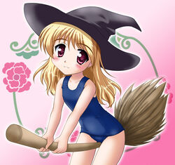  :3 blonde_hair blush broom broom_riding commentary_request female hat lapis_mercurius_freya neopure one-piece_swimsuit photoshop_(medium) princess_holiday red_eyes school_swimsuit solo straddling swimsuit witch_hat 