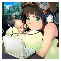  bad_id bad_pixiv_id ballista_(sekaiju) ballista_2_(sekaiju) brown_hair female goggles green_eyes handheld_game_console headphones lowres lying nintendo_ds photoshop_(medium) product_placement sekaiju_no_meikyuu sekaiju_no_meikyuu_3 solo stylus tomohito 