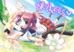  2girls bad_id bad_pixiv_id blonde_hair blue_eyes brown_hair flower garden_(game) green_eyes hoshino_erika kagurazaka_nagu multiple_girls skirt suzumura_azami tackle thighhighs translation_request 