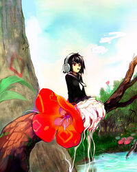  black_hair commentary_request female flower headphones in_tree jillcy monster_girl nene_nene plant red_eyes school_uniform serafuku short_hair skirt solo tree utau 