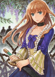  bad_id bad_pixiv_id blue_eyes braid branch briar_(plant) brown_hair choker earrings female frills isakawa_megumi jewelry long_hair original ribbon sheath sheathed solo sword twin_braids weapon 