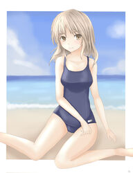  bad_feet bad_id bad_pixiv_id beach blonde_hair brown_eyes day female fiction_(forged) highres one-piece_swimsuit original school_swimsuit solo swimsuit 