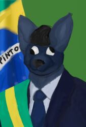  anthro black_hair black_nose blue_body blue_fur blue_necktie brazil brazilian_flag canid clothed clothing derp_eyes digital_media_(artwork) flag flag_background fully_clothed fur hair jair_bolsonaro khino male mammal necktie portuguese_text president simple_background solo suit text translated 