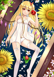  alternate_hairstyle apple babydoll bare_arms bare_shoulders blonde_hair bow collarbone crystal feet_out_of_frame female flan_(seeyouflan) flandre_scarlet flat_chest flower food fruit garter_straps hairbow hand_up highres holding holding_food holding_fruit leaf legs long_hair looking_at_viewer navel no_shoes one_side_up panties photoshop_(medium) red_bow red_eyes sidelocks smile solo spaghetti_strap strawberry thighhighs thighs touhou underwear very_long_hair white_flower white_panties white_thighhighs wings yellow_flower 