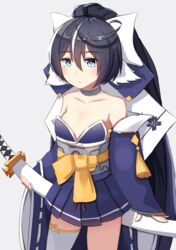  +_+ ahoge azur_lane bare_shoulders black_hair blue_eyes blush bow choker closed_mouth cowboy_shot detached_sleeves expressionless female fuki_to_takenoko grey_background hair_between_eyes hairbow holding holding_sword holding_weapon long_hair long_sleeves looking_at_viewer multicolored_hair ponytail simple_background single_thighhigh sleeves_past_wrists solo streaked_hair sword thighhighs very_long_hair weapon white_thighhighs wide_sleeves yoizuki_(azur_lane) 