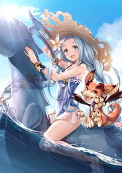  bare_shoulders blue_eyes blue_hair blue_one-piece_swimsuit bracelet creature female flower gladiator_sandals granblue_fantasy hair_flower hair_ornament hand_on_headwear hat highres inflatable_toy jewelry kamishiro_mai_(capti-no) long_hair lyria_(daughter_of_pearl)_(granblue_fantasy) lyria_(granblue_fantasy) ocean one-piece_swimsuit sandals solo_focus straw_hat summer sun_hat swimsuit very_long_hair vyrn_(granblue_fantasy) 