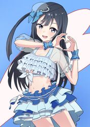  :d awaomi bikini black_eyes black_hair blue!_(love_live!) blue_background blue_bikini blue_bow blue_skirt blue_wristband bow commentary contrapposto cowboy_shot female frilled_bikini frills hairbow hands_up heart heart_background heart_hands layered_skirt long_hair looking_at_viewer love_live! love_live!_nijigasaki_high_school_idol_club miniskirt navel one_side_up puffy_short_sleeves puffy_sleeves red_background see-through see-through_sleeves short_sleeves skirt smile solo swimsuit teeth upper_teeth_only yuki_setsuna_(love_live!) 