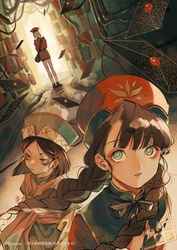  1boy 2girls bag belt blue_eyes blue_headwear braid brown_hair chinese_clothes closed_mouth commentary_request dutch_angle highres jacket letter long_hair looking_at_viewer mole mole_under_eye multiple_girls original parted_lips red_headwear red_jacket short_hair shoulder_bag smoking_pipe socks tsubonari twin_braids white_hair white_legwear 