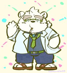  2020 3_toes anthro bear buta5kawa chibi clothed clothing eyewear feet flip_flops footwear fully_clothed fur glasses hi_res kemono leib_(tas) lifewonders male mammal necktie paws polar_bear sandals shirt smoking solo toes tokyo_afterschool_summoners topwear ursine white_body white_fur 