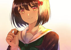  absurdres bad_id bad_pixiv_id black_hair blush bow brown_shirt closed_mouth female gekijouban_hibike!_euphonium green_neckerchief hairbow hibike!_euphonium highres hisaishi_kanade holding kitauji_high_school_uniform looking_at_viewer mellow4043 mouthpiece neckerchief red_bow red_eyes sailor_collar school_uniform serafuku shirt short_hair smile solo upper_body white_sailor_collar 