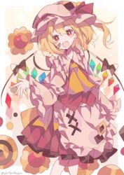  absurdres apron ascot bandaid bandaid_on_face black_bow blonde_hair blush_stickers bow bow_on_wing crystal feet_out_of_frame female flandre_scarlet flower frills hand_up hat hat_ribbon highres long_hair long_sleeves looking_at_viewer mob_cap oerba_yun_fang open_mouth orange_ascot red_eyes red_ribbon red_skirt red_vest ribbon shirt side_ponytail skirt smile solo touhou umemaro_(siona0908) vest waist_apron white_hat white_shirt wings 