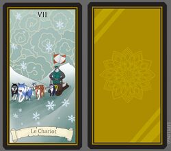  canid canine canis card card_template digital_media_(artwork) domestic_dog feral fortune_telling french_text group husky lupelongo major_arcana male mammal nordic_sled_dog outside roman_numeral sky snow spitz tarot tarot_card text the_chariot_(tarot) translated 