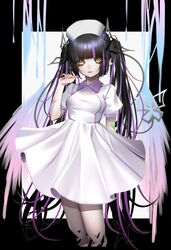  alternate_costume bad_id bad_twitter_id black_hair blunt_bangs blush breasts collared_dress commentary demon_girl demon_horns demon_tail doryudory dress feet_out_of_frame female hat highres horns kojo_anna long_hair looking_at_viewer medium_breasts multicolored_hair nanashi_inc. nurse_cap parted_lips pointy_ears puffy_short_sleeves puffy_sleeves purple_hair ringed_eyes short_sleeves solo sugar_lyric tail twintails two-tone_hair virtual_youtuber white_dress yellow_eyes 