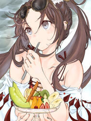  banana bare_shoulders bikini breasts brown_hair cleavage collarbone earrings eyewear_on_head fate/grand_order fate_(series) female food fruit grey_eyes hair_ornament honeydew_(fruit) jewelry kakao_choko kiwi_(fruit) long_hair looking_to_the_side medium_breasts melon melon_slice multiple_earrings open_clothes orange_(fruit) pudding robe solo strawberry sunglasses swimsuit twintails utensil_in_mouth very_long_hair white_bikini yu_mei-ren_(fate) yu_mei-ren_(swimsuit_lancer)_(fate) 